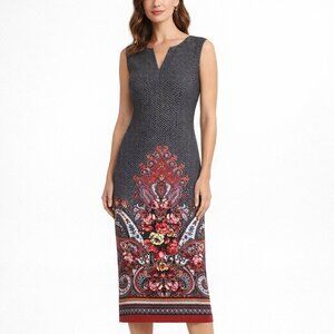 Boho Paisley Floral Midi Dress ECI Size 10 Sleeveless V‑Neck Stretch Fit